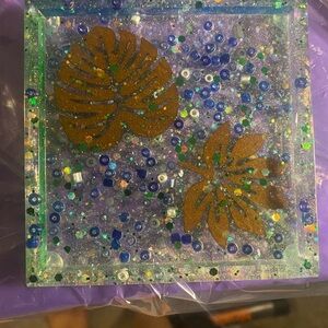 Handcrafted Glitter Art Piece with Leaf Design.Can be used as a cool coaster